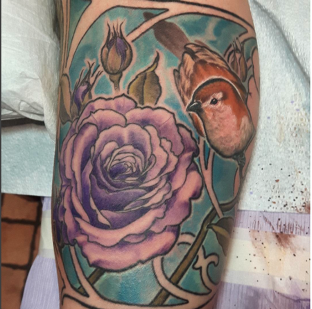 Jordan Campbell - bird and roses inner arm